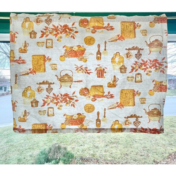 Vintage 1970s curtain, brown orange kitchen appliances pattern, rod header panel - Picture 1 of 10